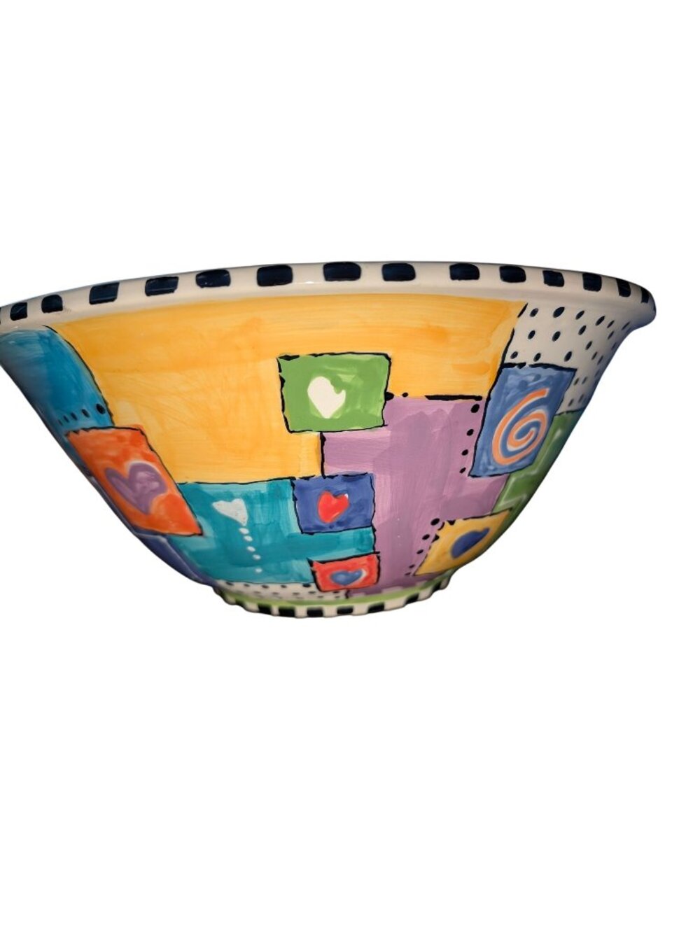 Kat Taylor Designs Colorful Hand-Painted Ceramic Bowl With Abstract Patchwork De